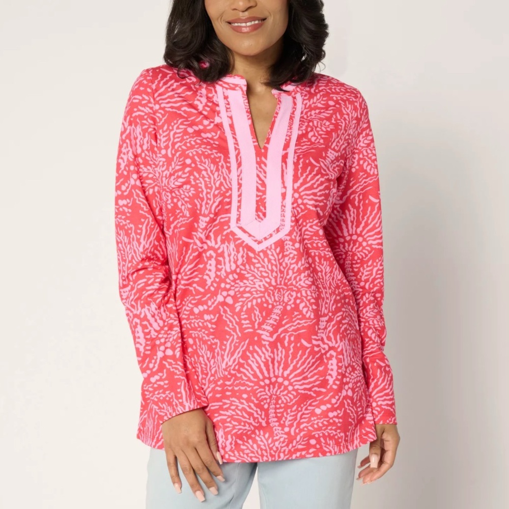 Bellisima by Kim Gravel Tropical Pink Cabana Knit Palm Trim Tunic Print Blouse L